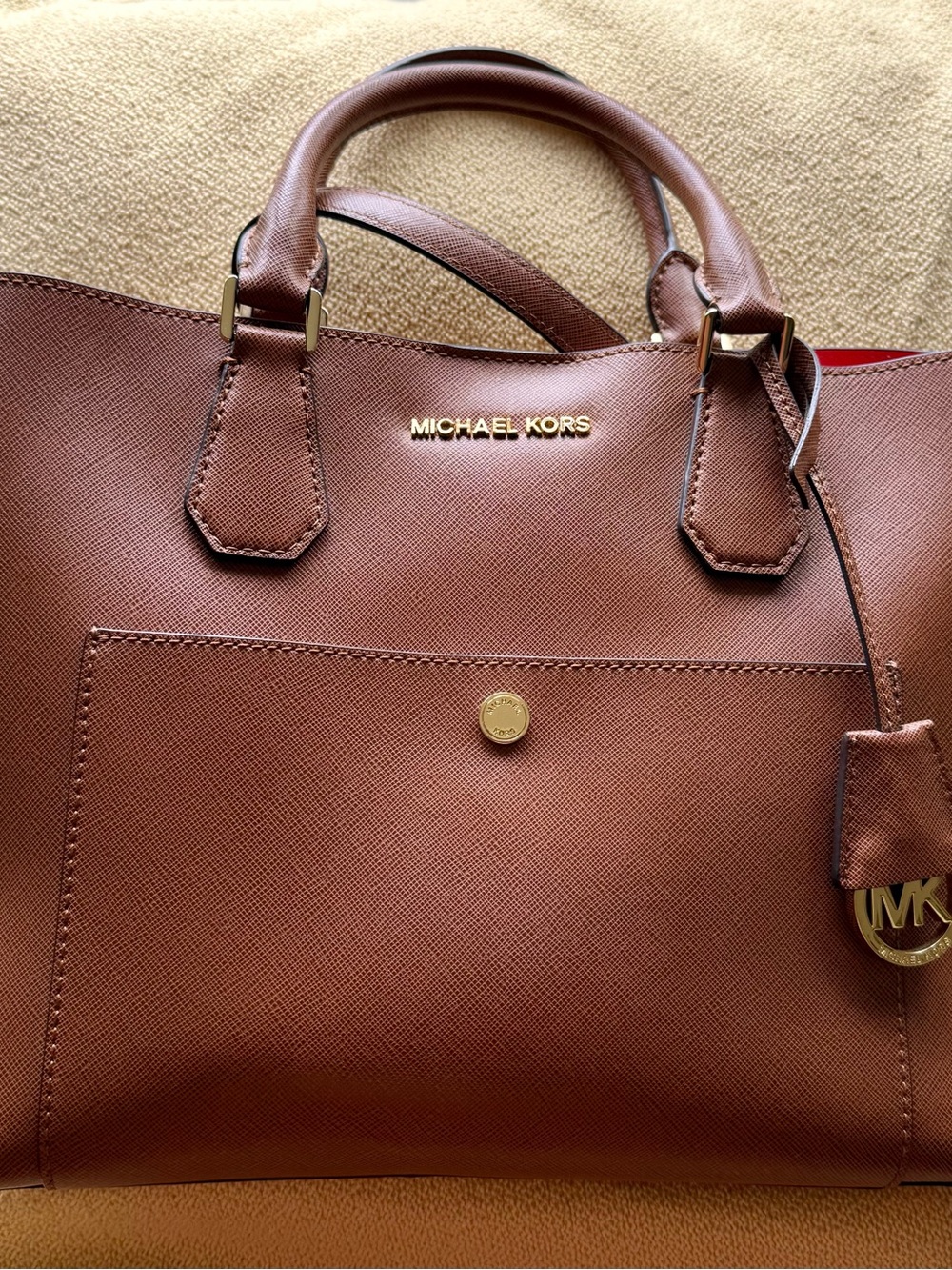 Michael Kors Cognac Saffiano Leather Satchel with Gold Hardware